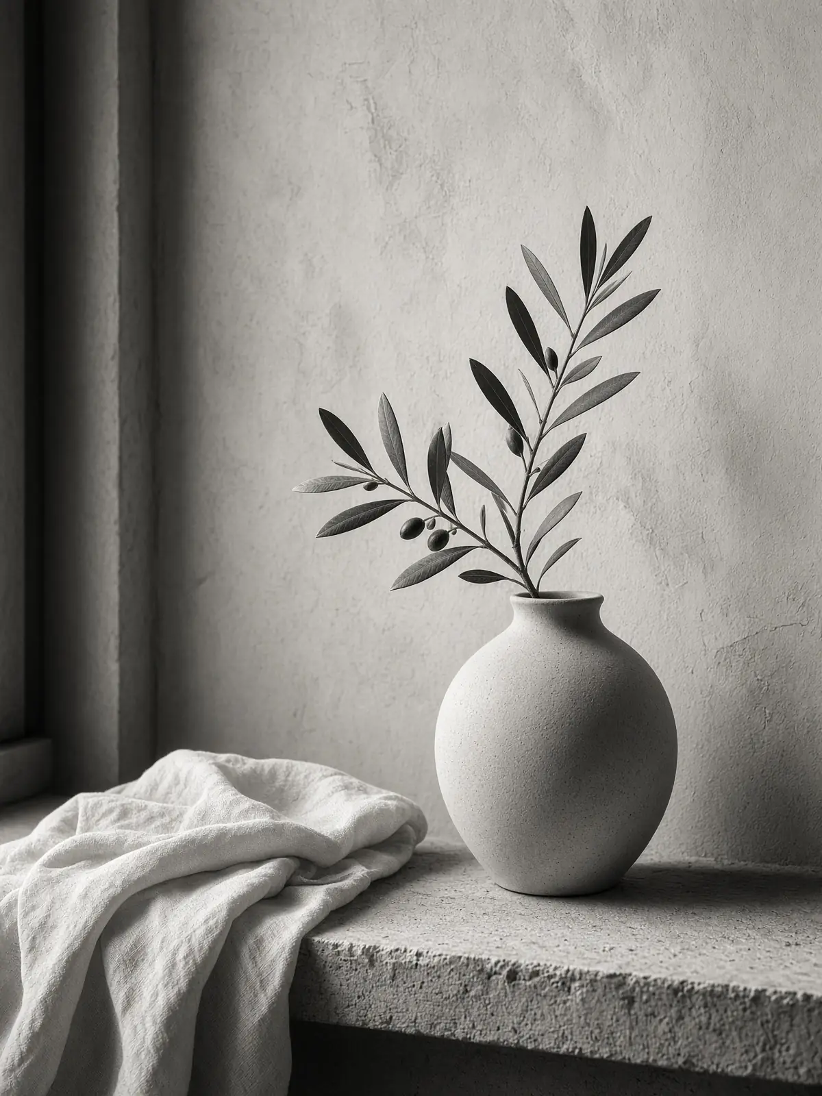 Black and white still life of linen and an olive branch in soft window light
