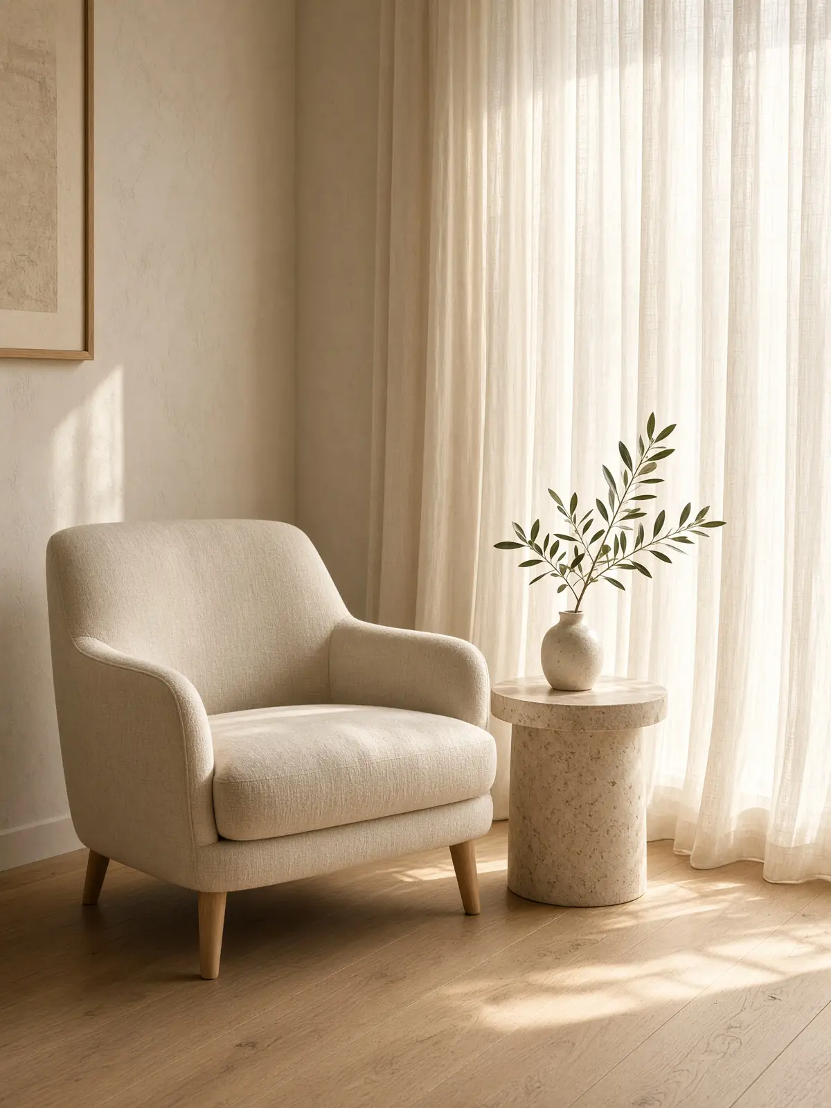 A sunlit living room with a sofa, stone fireplace and a small table set for tea